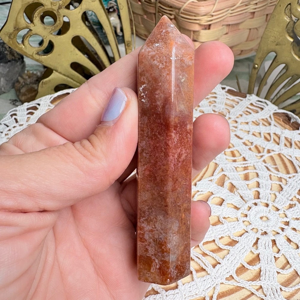 Orange Moss Agate Crystal Tower Point Witchy Boho Natural Stone 69.3g - Picture 2 of 9